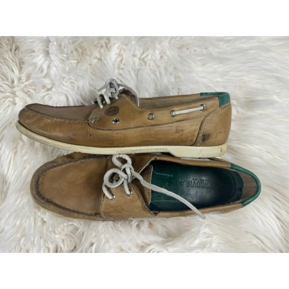 Landrover Boat Shoes‎ Men 10 M Tan Leather All Terrain Green Accent Deck Loafers